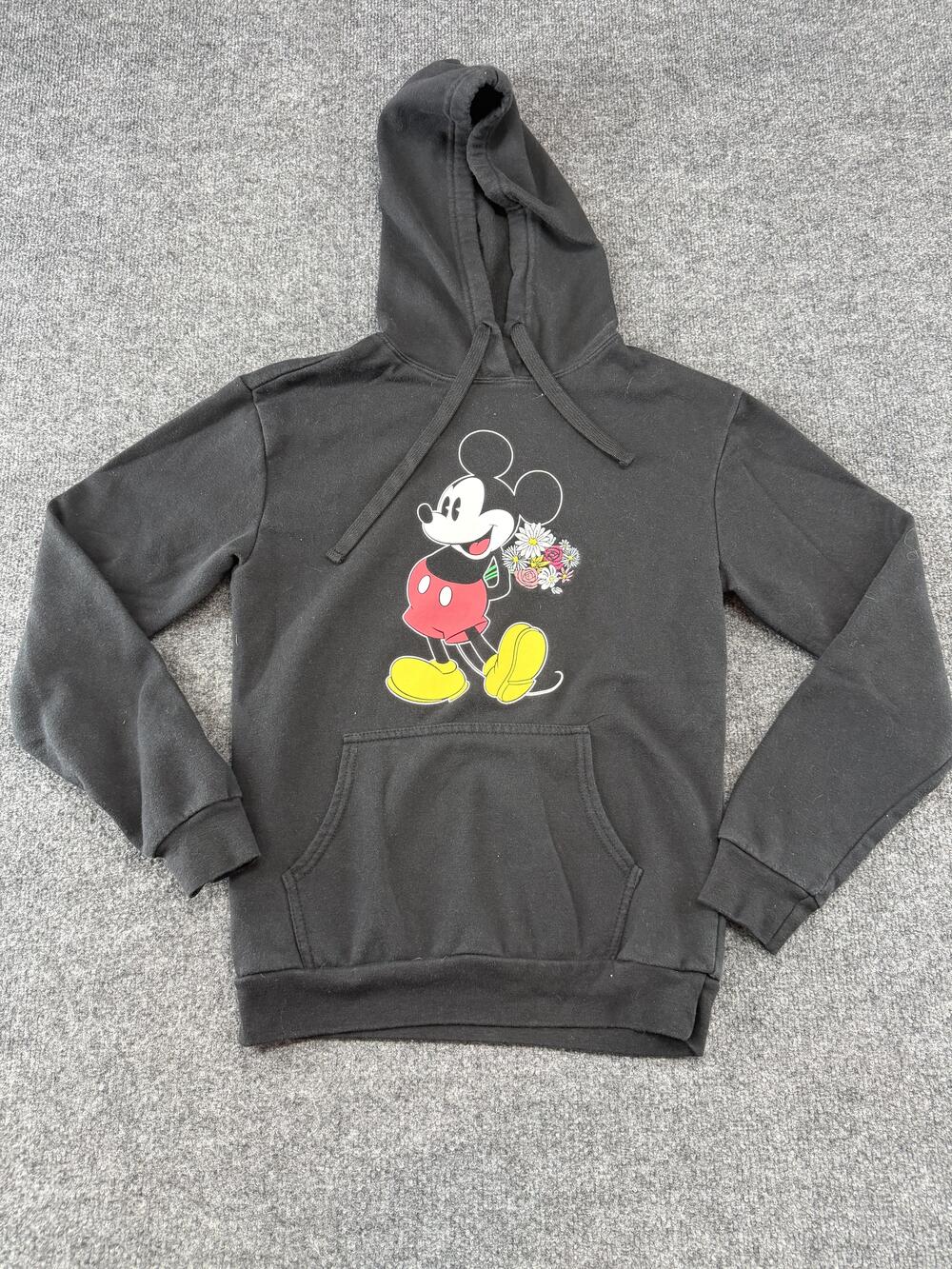 Disney Hoodie Juniors Small Black Mickey Mouse Floral Graphic Pullover Fleece